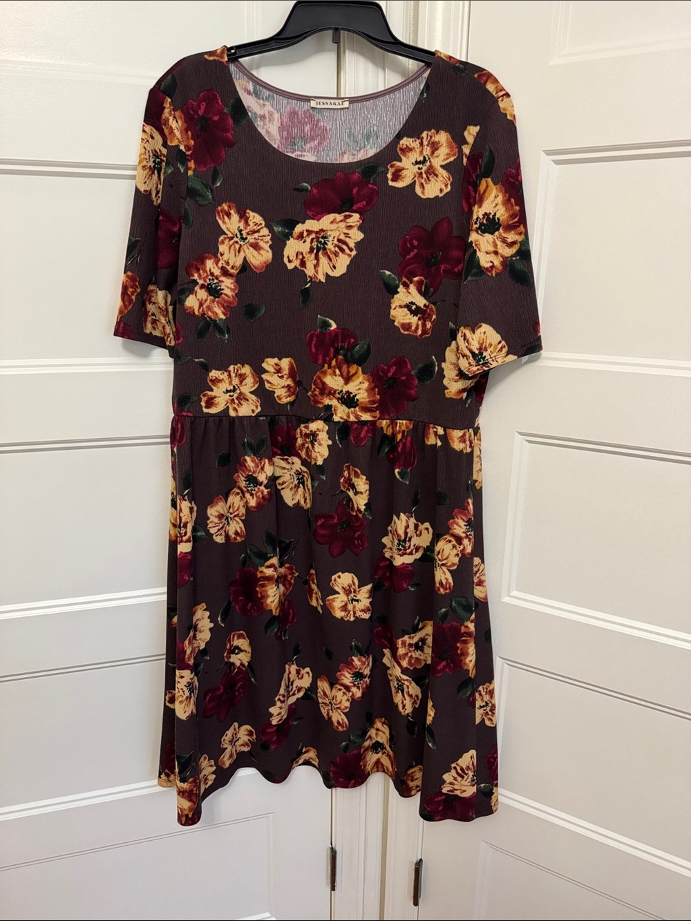 JessaKae Brown Midi Dress with Yellow & Burgundy Floral Print